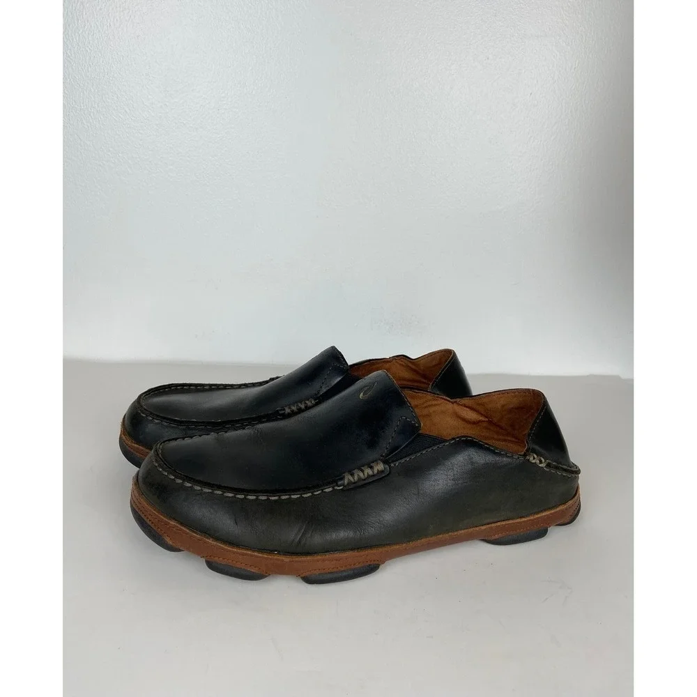 Olukai Moloa Men' Leather Drop-In Heel Loafers Slip On Shoes 10 M Black Vacation